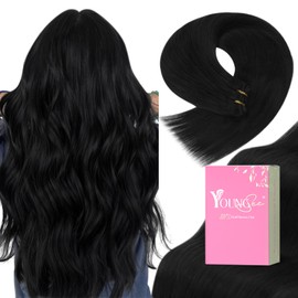 YoungSee Sew in Hair Extension Black Human Hair Weft Extensions Black Sew in Human Hair Extensions Natural Black Sew in Extensions Human Hair no Shedding and Washability 18Inch 100G
