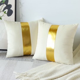 Artscope White Beige Velvet Throw Pillow Covers with Gold Leather Stitching Luxury Modern Minimalist Square Pillowcase Cushion Covers for Bed Couch Sofa 22x22Inch Set of 2