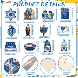 FairySandy 36 Pcs Hanukkah Ornaments Happy Chanukah Hexagram Gnome Menorah Dreidel Hanging Wooden Ornament Decorations Jewish Decor Crafts Pendant Signs for Home Christmas Tree Decoration Gift