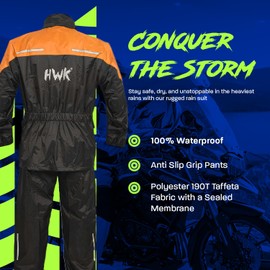HWK Motorcycle Rain Suit for Men and Women, Two-Piece Waterproof Motorcycle Rain Gear with Reflective Jacket and Pants, All-Season Weatherproof Protection for Riding, Hi-Vis Orange, 3X-Large