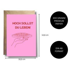WBdesignz Funny Birthday Card with Envelope - with Pizza Motif - "Hoch sollst du leben!" - Greeting Card for Friends & Girlfriends - Birthday - Pizza Lovers Pink (DIN A6)