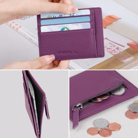 VISOUL KB10 Women's Small Genuine Leather Credit Card Holder RFID Protection Minimalist Card Holder Cases Wallet Front Pocket Purse Mini Credit Card Case with Coin Compartment, purple, Minimalist