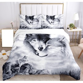 SHUAIG Bettwäsche Set,Bettwäsche Bettbezug 3D Wolf Theme Muster Bettbezug,Traumfänger Drucken 3 Teilig,Microfaser Bettwäsche. (Zwei graue Wölfe, 135 x 200 cm)