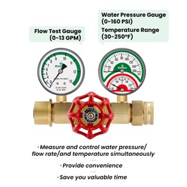 Watflow Water Flow Gauge, Temperature and Pressure Test Assembly, 0-160psi,0-13 GPM, 3/4" Female Hose Thread.