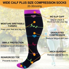TRIITECH 3 Pair Plus Size Compression Socks for Women and Men,20-30mmHg Wide Calf Knee High Compression Stockings for Circulation