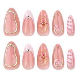 Hkanlre Press on Nails Almond Gradient Fake Cute Nails Tips Full Cover French False Medium Nails for Women 24PCS
