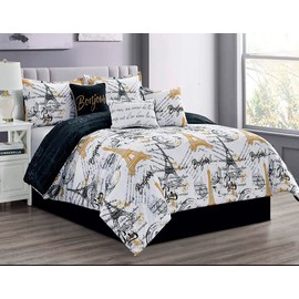 Sapphire Home California King Size Paris Comforter Set in a Bag - 7 Piece Paris Bedroom Comforter Set w/Shams, Bedskirt Cushions, Eiffel Tower Bedding for Stylish Bedroom Decor-Black, White, and Gold