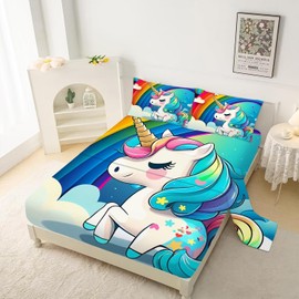 FUYEUN Unicorn Sheets Set,Rainbow Unicorn Bedding Sets Twin Size for Girls Kids Children Boys Teens Cartoon Sheets Bedspread Set,1 Flat Sheet 1 Fitted Sheet 1 Pillowcase