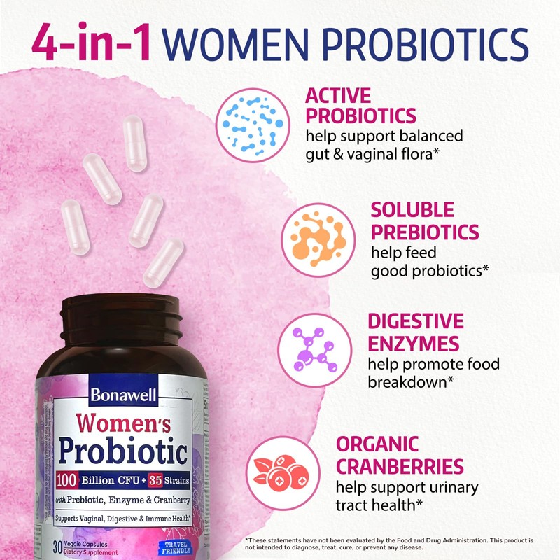 Bonawell Probiotics for Women 100B, with Prebiotics, Digestive Enzymes &