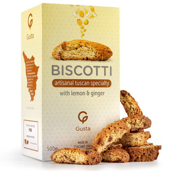 Gusta Authentic Soft Biscotti Cookies Made in Tuscany, Italy - Ginger and Lemon - Original Two Bites Size - All Natural Ingredients - Fresh & Genuine Italian Dessert Treats - 17.64oz