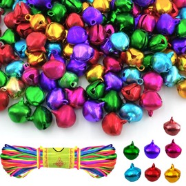 Pack of 150 Metal Bells, 14 mm Bells with Eyelets, with 20 m Colourful Rope, Craft Bells Small Bells Christmas Bells for Festival Decorations, Jewellery Making, Dog Collars (7 Colours)