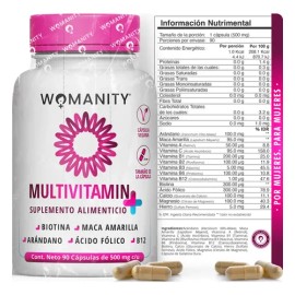 Multivitamínico Mujer 90 Cápsulas Womanity Vitaminas Mujeres Sin Sabor! Por Sus Ingredientes Naturales, Las Capsulas Tienen Un Ligero Olor A Arándano