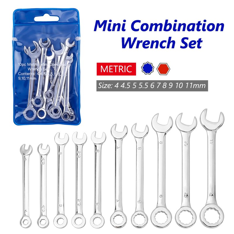 Bestgle Mini Combination Wrench Set, 10Pcs Metric 4-11mm Small Wrench