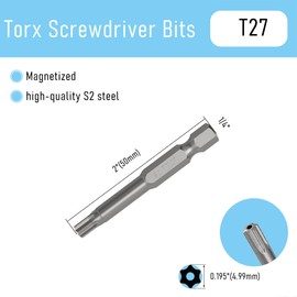 FOCMKEAS 5PCS T27 Magnetic Tamper Proof Torx Screwdriver Bits, 1/4 Inch Hex Shank 2 Inch Length S2 Steel Security Drill Torx Head Drill Screw Driver Tools(50mm Long, Star 6 Point)