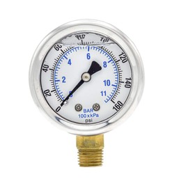 PIC Gauge 201L-204F Glycerin Filled Industrial Bottom Mount Pressure Gauge with Stainless Steel Case, Brass Internals, Plastic Lens, 2" Dial Size, 1/4" Male NPT Connection Size, 0/160 psi Range