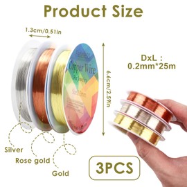 Crafting Wire for Jewellery Making, 3Pcs 0.2mm Gold/Silver/Rose Gold Wire Jewellery Wires for Jewellery Making Bracelet Copper Wires Jewellery Making Supplies for Crafts Handmade DIY - 25m