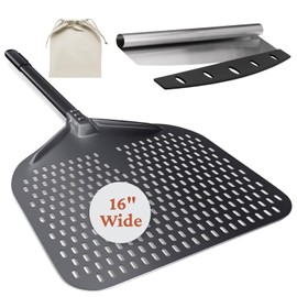 Pizza Peel 16 Inch with Long Handle, 16" Wx 18" L, Aluminum Perforated Pizza Peel 16 inch with 14" Pizza Cutter Rocker Blade, Non Stick, Easy Slide for Baking, Perfect for Outdoor & Indoor Use