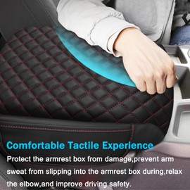 SENSHINE 1.2in Thickness Center Console Cover for Chevy Silverado GMC Sierra Accessories 2019-2023 2024 2025 Armrest Cover Leather Armrest Box Protector Pad with Pockets for Jump Seat (Red Stitches)