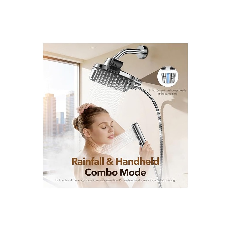 JDO High Pressure Rain Shower Head with Handheld Spray, 7