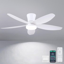 Surtime 42" Ceiling Fans with Lights-Low Profile Ceiling Fan with Light and Remote/APP Control,Flush Mount,DC Reversible,LED Dimmable Modern Ceiling Fans for Bedroom,Indoor/Outdoor Patio Use(White)