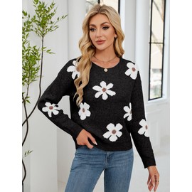 Libsorge Womens Oversized Cute Flower Sweaters for Women Fall Winter Spring 2025 Trendy Outfits Ladies Dressy Casual Cozy Soft Fuzzy Knit Crew Neck Long Sleeve Pullover Sweater Top Black M