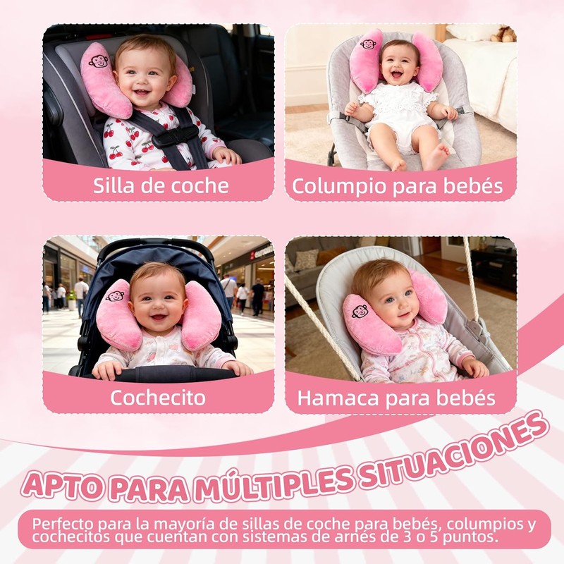 Reposacabezas de Viaje Ajustable para Bebés, Paquete de 2, Rosa