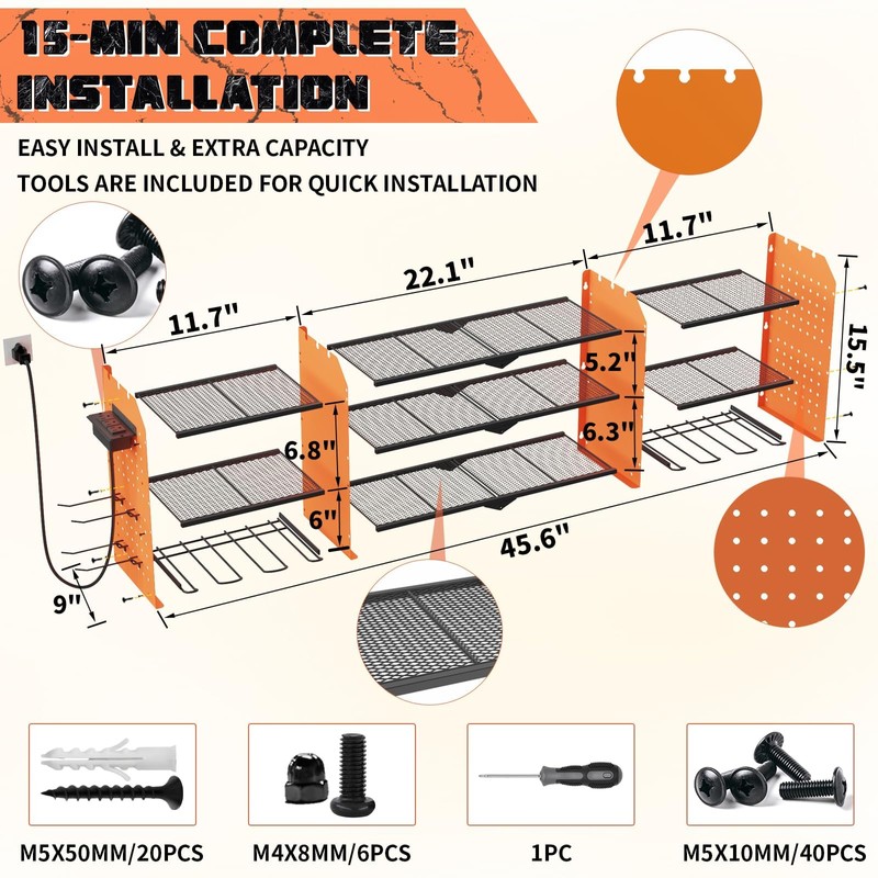 45" Large Power Tool Organizer Wall Mount with Charging Station