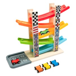 Wood City Toddler Toys for 3 4 5 Years Old, Wooden Car Ramp Racer Toy Vehicle Set with 5 Mini Cars & Race Tracks, Montessori Toys Craft Gift for Toddlers Boys and Girls