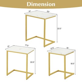 Giantex Nesting Coffee Table Set of 3, Stackable Square End Table w/Faux Marble Tabletop & Heavy-Duty Metal Frame, Farmhouse C-Shaped Accent Table for Small Space, Living Room, Bedroom (White Gold)