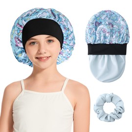 1PCS Kids Silk Bonnet for Girls Boys- 1PCS Hair Scrunchie, Toddler Satin Bonnet for Sleeping, Wide Elastic Band for Sleep Cap for Curly Hair, Blue Unicorn Print