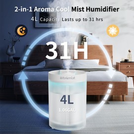 ultekmist 4L Cool Mist Humidifier, 2-in-1 Top-Fill Design with Essential Oil Diffuser. Ideal for Bedrooms, Large Rooms, Baby Nurseries & Plants. Quiet 30dB, 31H Runtime, Built-in Nightlight, Clear