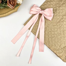 SALOCY Hair Ribbon Bows with Long Tail,Bows Hair Clips for Women Girls, Big Ribbon Bows Satin Hair Clip for Hair Design (Pink+Black)