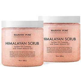 MAJESTIC PURE Majestic - Exfoliante corporal de sal del Himalaya pura con aceite esencial de lichi, exfoliante natural para exfoliar e hidratar la piel, Paquete de 2, 10 Ounce (Pack of 2)