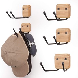 Qiannhee Solid Wood Wall Mount Hat Rack, 4-Tier Rotating Cowboy Hat Organizer with 2 Extended Hooks, Adjustable Width Metal Hanger for Baseball Caps, Coats, Jackets, Keys, Decor Entryway, Bedroom(Log)