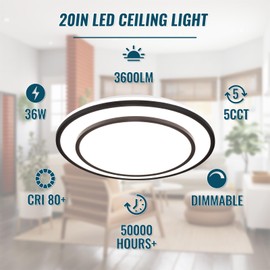 Wheatronic 20" LED Flush Mount Ceiling Light Fixture Dimmable, Black Fixture Ceiling Mount 36W,Modern Close to Ceiling Light 5CCT for Living Room,Kitchen,Bedroom