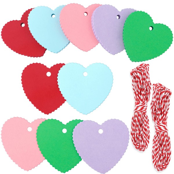 G2PLUS Heart Shaped Paper Gift Tags, 100 PCS Blank Favors Labels, 5.5x6 CM Colorful Paper Hang Tags with String for Wedding Party Supplies