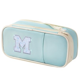 Janhavi Preppy Pencil Case for School Supplies, Initial Large Pink Penicl Case for Nursing Bag, Cute Pencil Pouch Bag for Office,Birthday Gifts for 6 7 8 9 10 11 12 13 Year Old Girls-Blue M