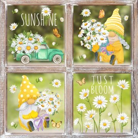 JarThenaAMCS Spring Summer Floral Window Clings Daisy Flower Gnome Truck Window Stickers Sunshine Butterfly Double-Sided Glass Decals for School Classroom Home Office Party Decor, 9 Sheets