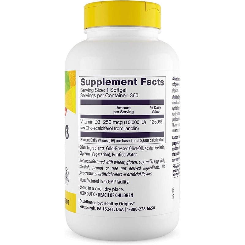 Healthy Origins Vitamin D3 (Lanolin) 10,000 IU Softgel - Bone