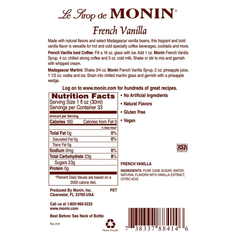 Monin - French Vanilla Syrup with Monin BPA Free Pump,