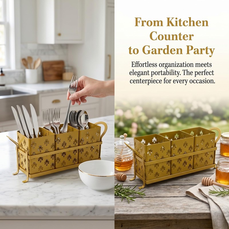 DRPORONYN Silverware Caddy with Bee Design, 3 Compartment Metal Utensil