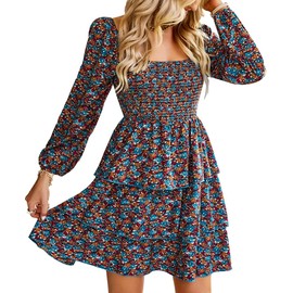 BTFBM Women Square Neck Smocked Dresses 2025 Summer Spring Long Sleeve Floral Swiss Dot Mini Boho Wedding Guest Dress(Floral Blue Orange, Large)