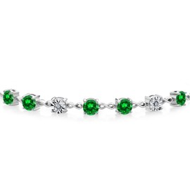 Gem Stone King 4.21 Ct Round Green Created Emerald 925 Sterling Silver Lab Grown Diamond Tennis Bracelet For Women (Fully Adjustable Up to 9 Inch)
