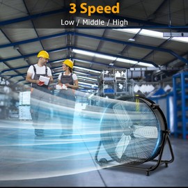 LifePlus High Velocity Industrial Drum Fan, 3 Speed 24Inch Floor Fan, 360° Tilt with Casters Handle ETL Standard for Patios, Warehouse, Commercial, Basement,9640 CFM