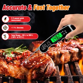 Termómetro digital para carne IP67 impermeable para cocinar y hornear, termómetro de carne de lectura instantánea con luz de fondo, función de sujeción e imán para cocina, carne de res, parrilla,