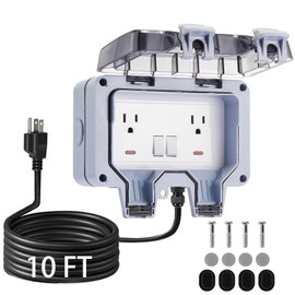 Toptozl Outdoor Electrical Outlet Box with Switch & 10ft Extension Cord, NEMA 5-15R Outdoor Power Strip Weatherproof, STW 14 AWG, IP66 Waterproof Wall Power Socket with Cover, 2 Inch Deep, WRTR