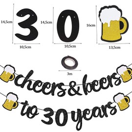 Aiyraa Garland 30th Birthday Decoration Black Gold, Cheers to 30 Years Banner, Birthday Decoration 30 for Men and Women, Glitter Garland for Celebration