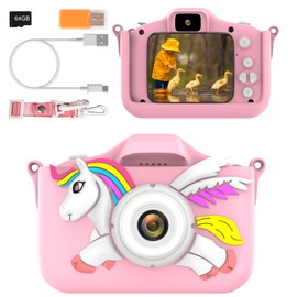 Kids Camera for Girls Boys Toddlers Childrens Age 3-8 Digital Selfie with 64GB Card for Son Daughter Grandson Granddaughter Christmas Birthday Gifts