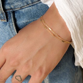 Annika Bella Double-Stranded Gold Bracelet, 6.5-7.5 Inches Chain, Thin Chain Layering Bracelets for Women, Minimalist Arm Jewelry, Gift for Her (Tubes Chain)