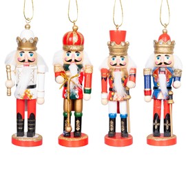 SHATCHI 13cm Wooden Christmas Nutcrackers 4pcs Set - Soldiers King Puppet Moving Parts Figurines Christmas Tree Hanging Decoration Ornaments